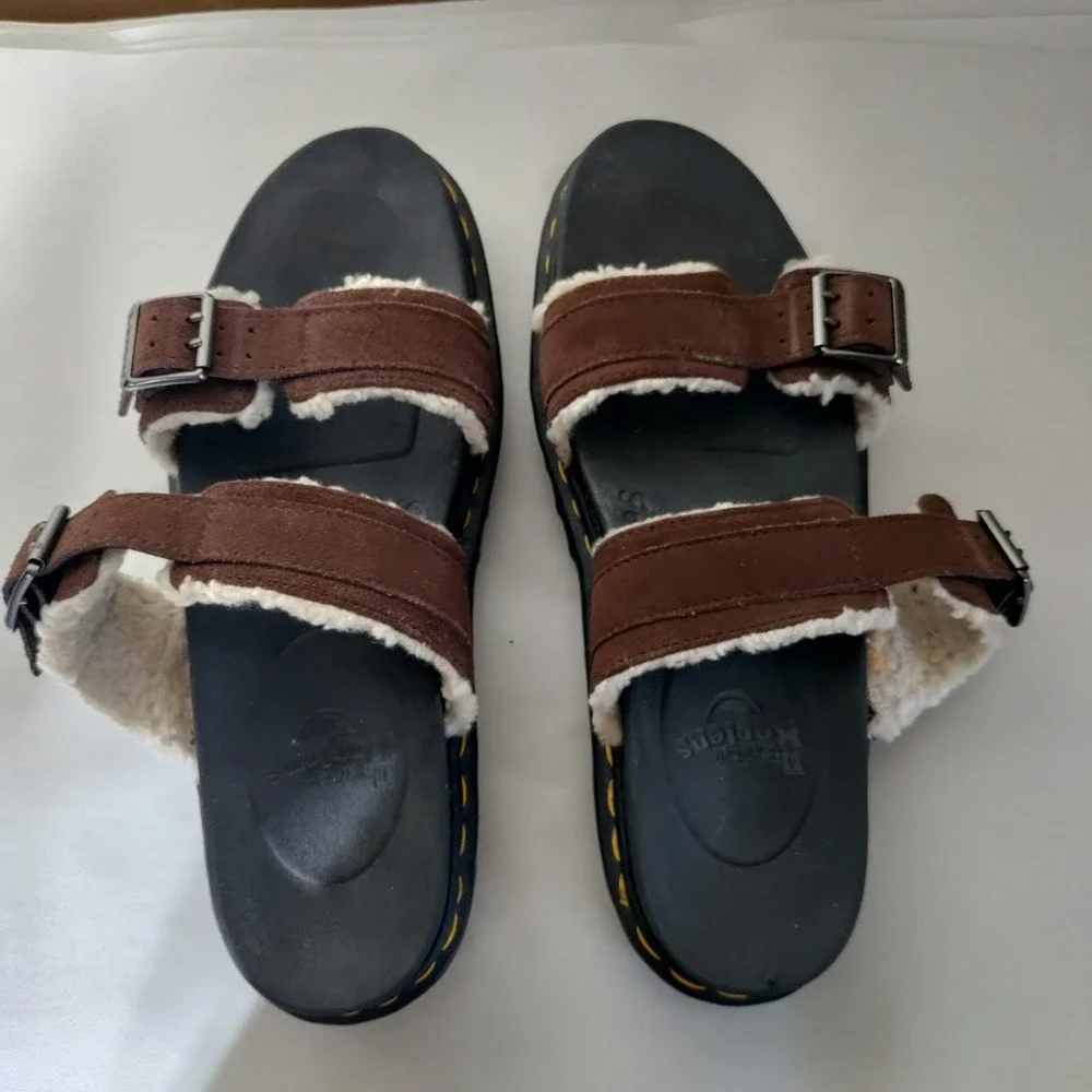 Dr. Martens Myles Faux Fur Lined Brown Suede Platform Slide Sandals Mens 11 L 12